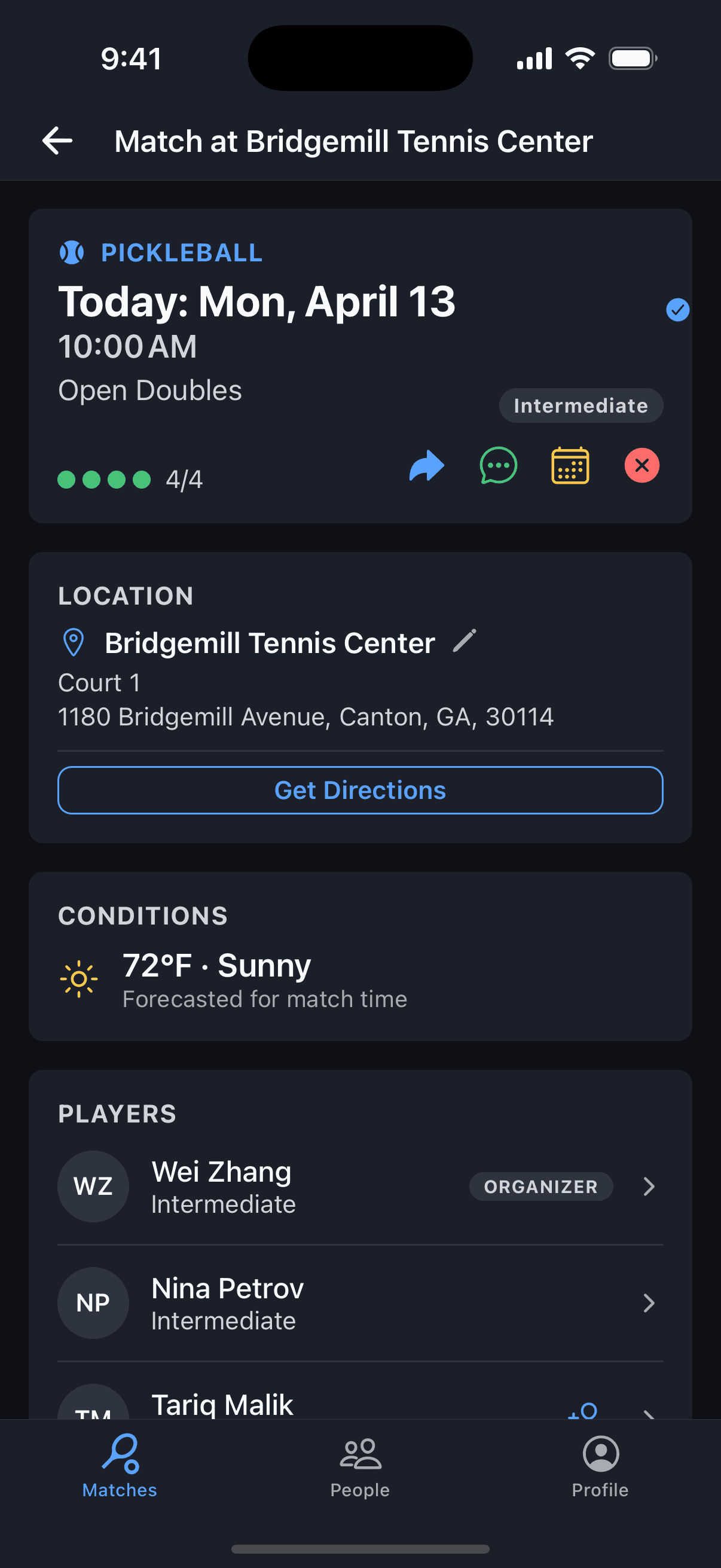 MatchScheduler match detail showing players and court info