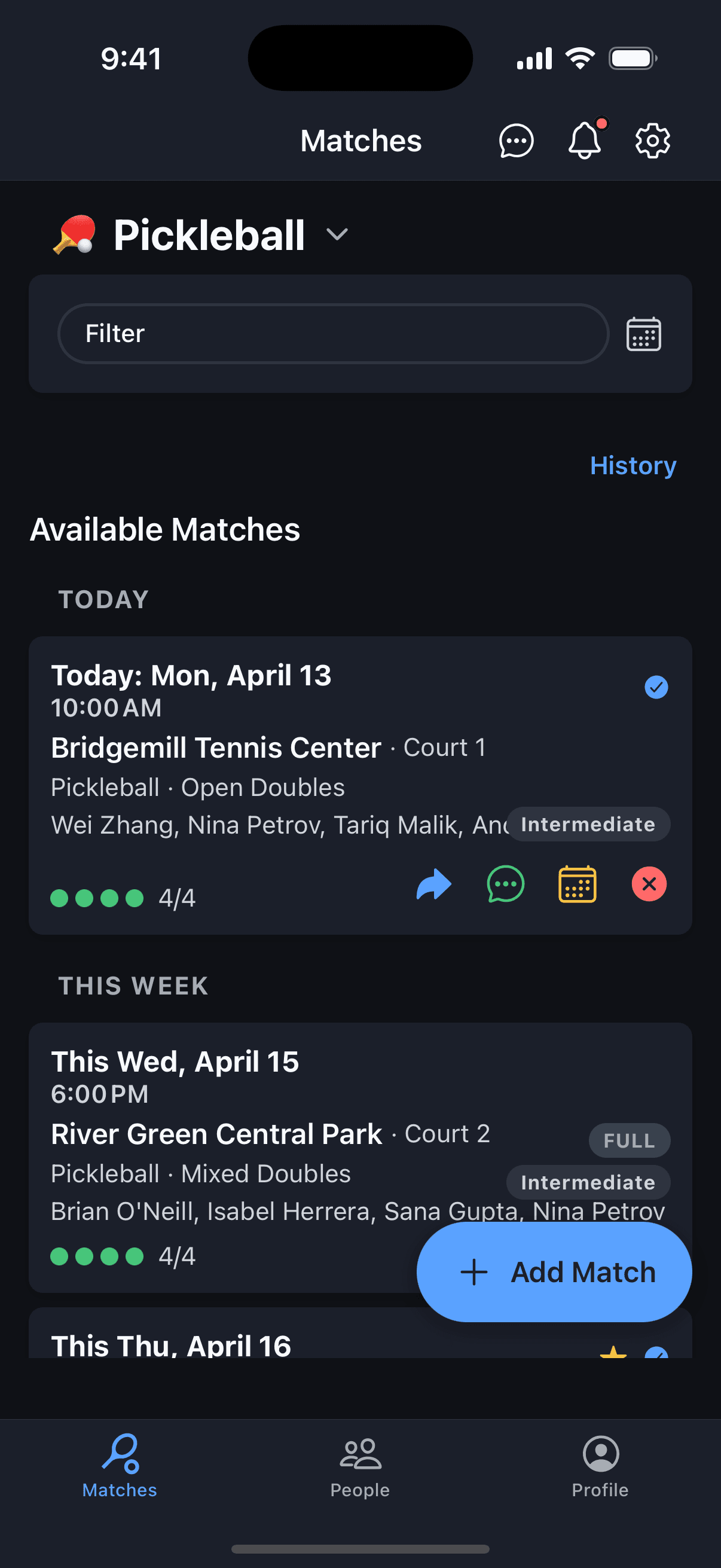 MatchScheduler app showing open pickleball matches
