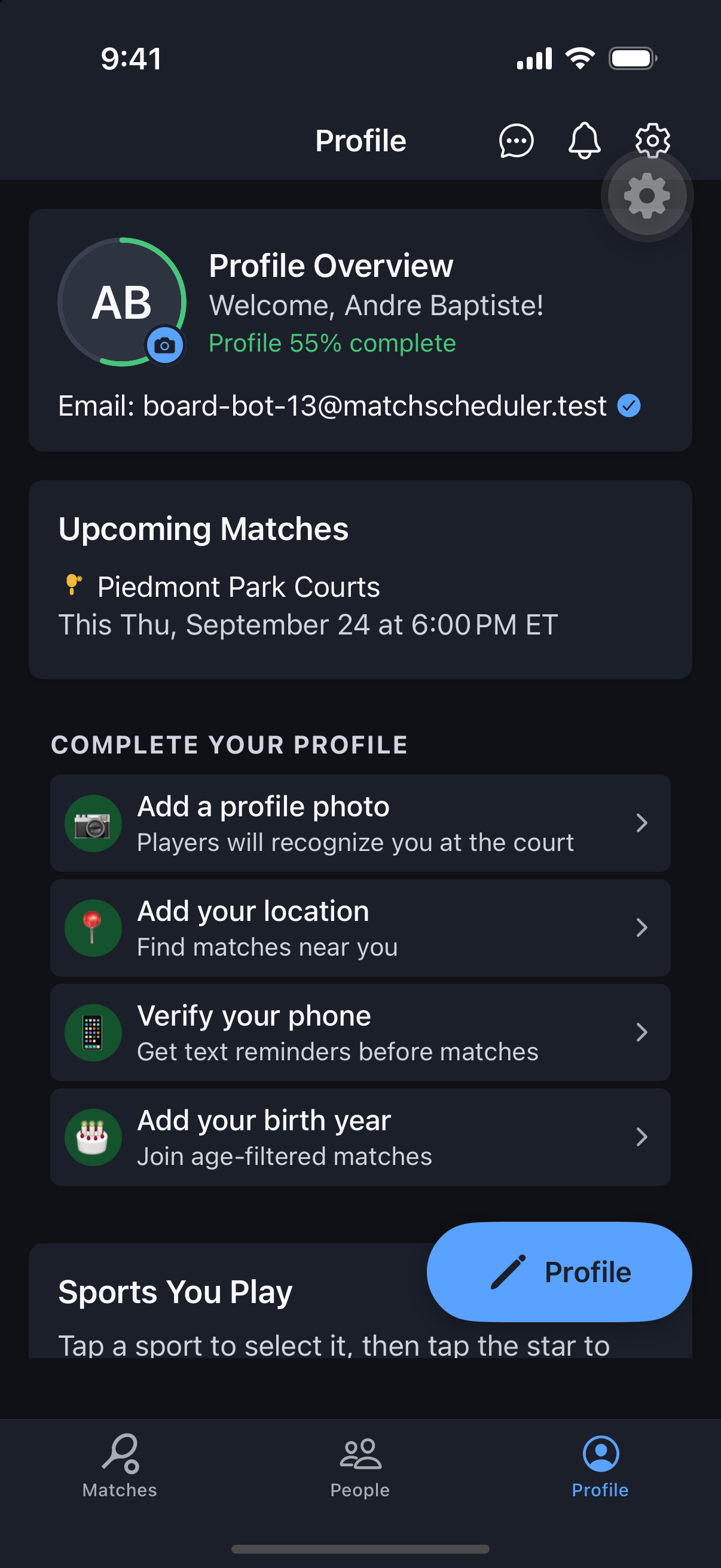 Profile tab showing avatar, completion percentage, and sports