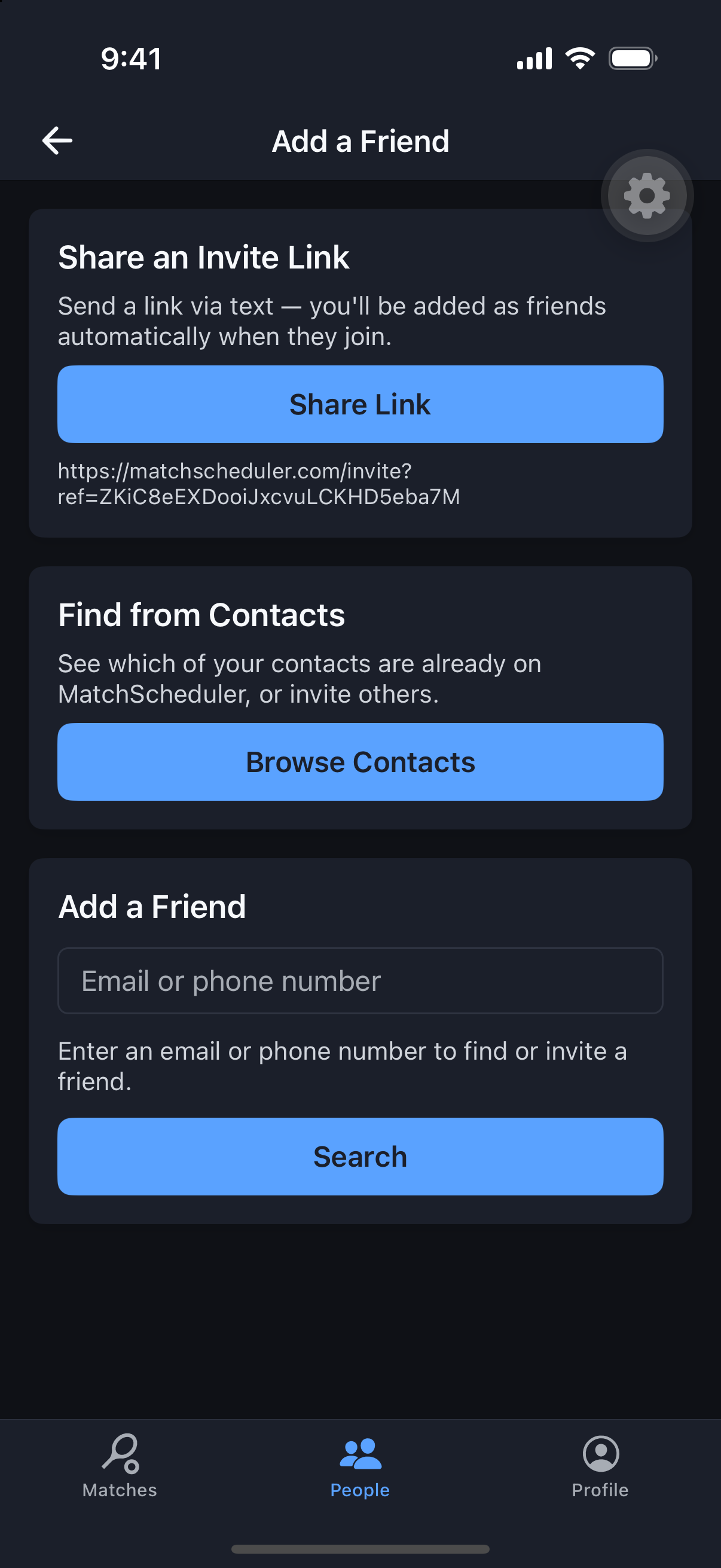 Invite screen with email and phone invite options