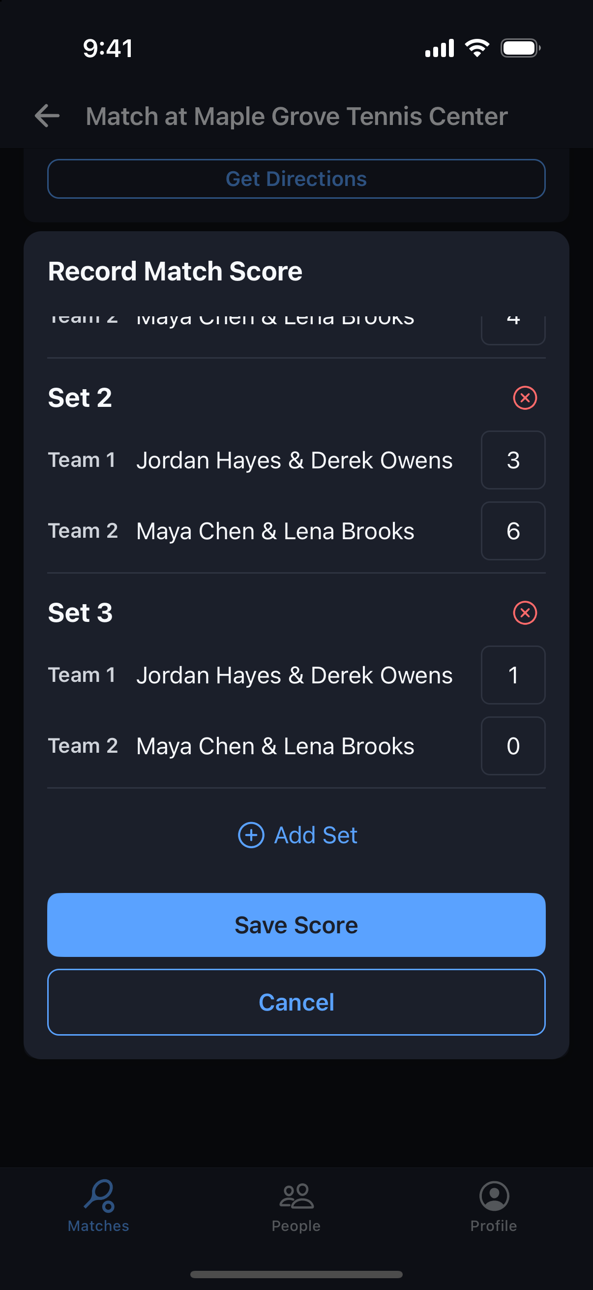 Record Match Score form with a 3–6 second set and the match tiebreak entered as 1–0 in the third set