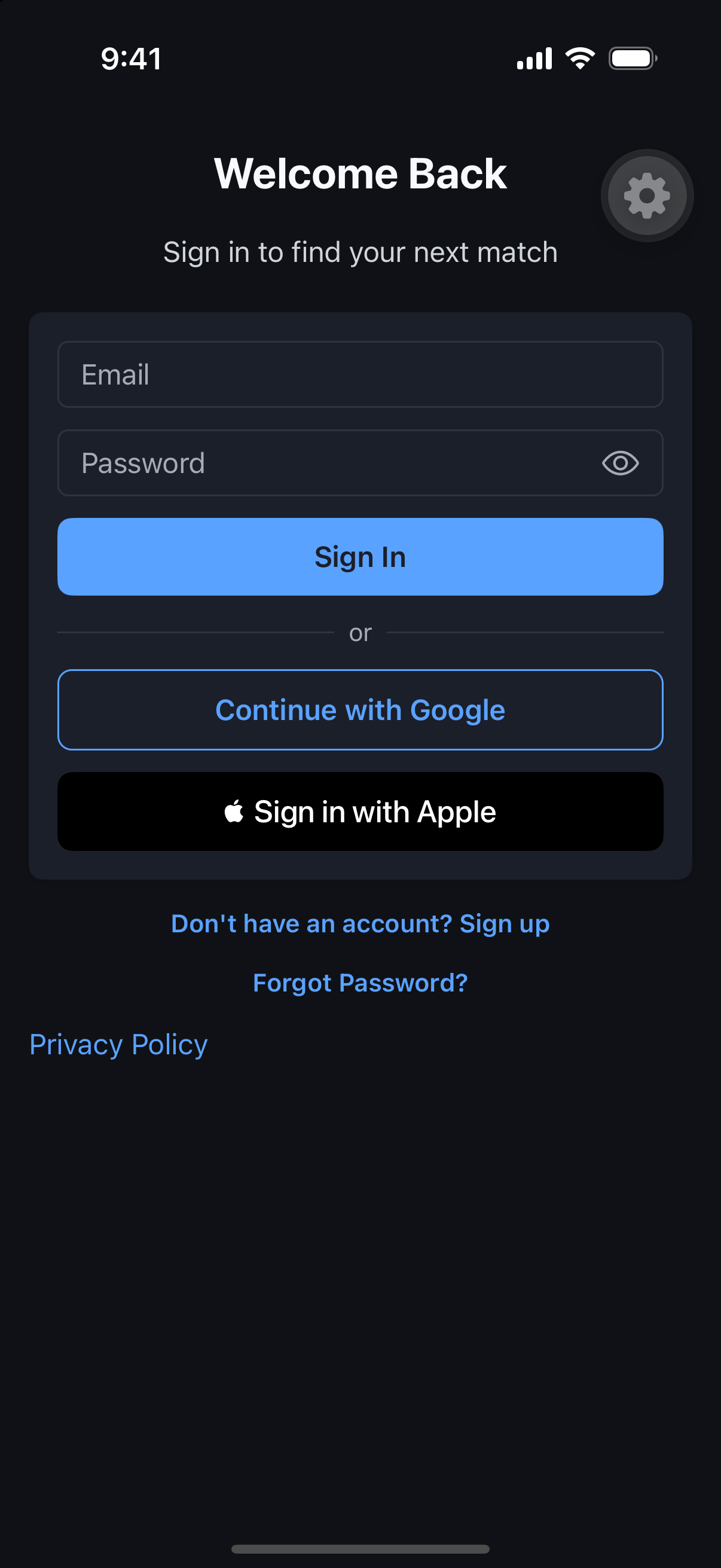 Sign-in screen with email, Google, and Apple options